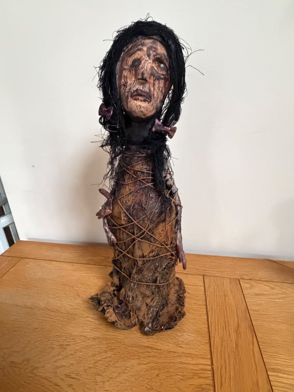 Horror Doll The Bad Seed Haunted Child Gothic Art, Upcycled Bottle Sculpture