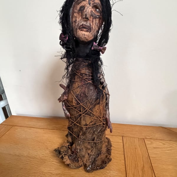 Horror Doll The Bad Seed Haunted Child Gothic Art, Upcycled Bottle Sculpture