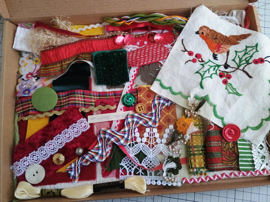 Christmas fabric Inspiration bundle - Red Robin slow stitching textile art