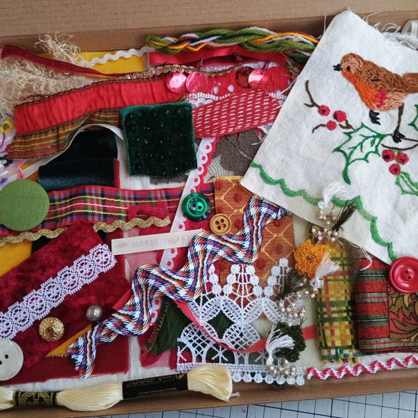 Christmas fabric Inspiration bundle - Red Robin slow stitching textile art