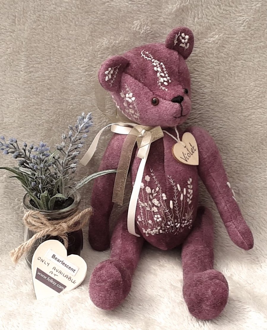 Hand Embroidered Artist Bear, Hand dyed unique collectable bear by Bearlescent