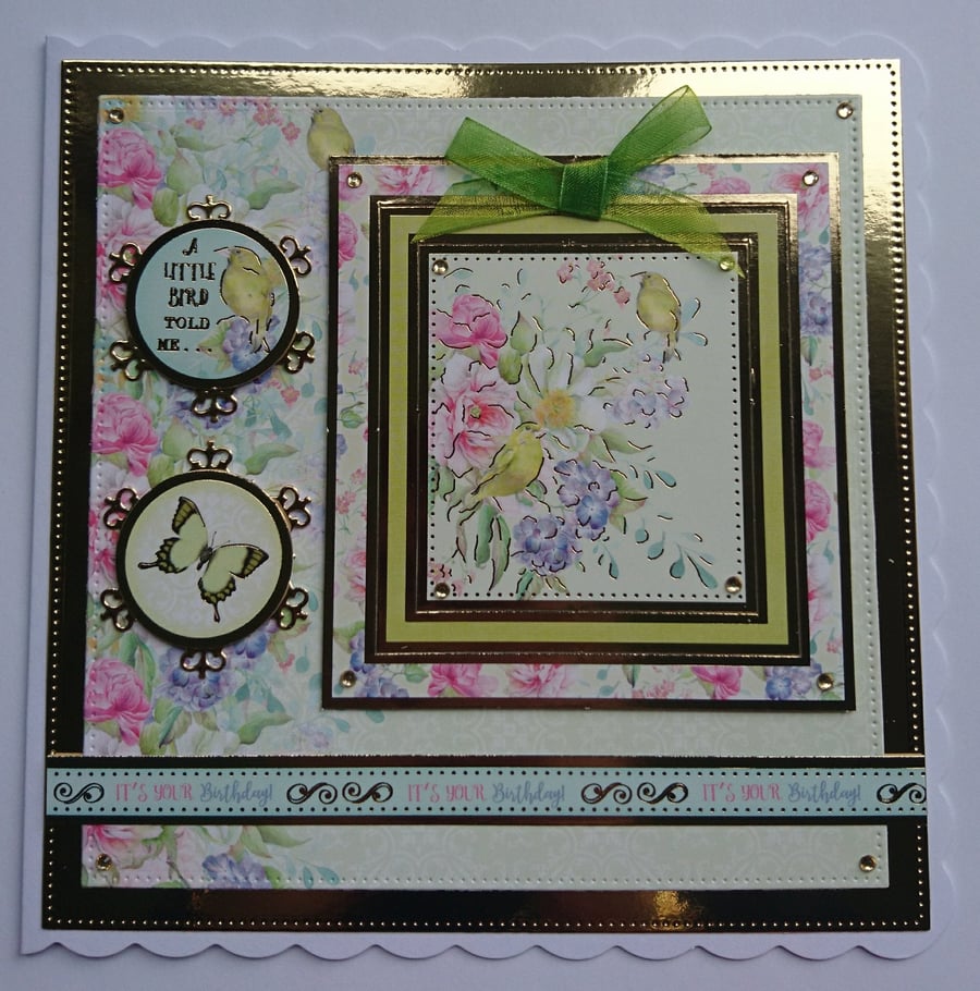 Birthday Card A Little Bird Told Me It's Your Birthday Birds Flowers 3D Luxury