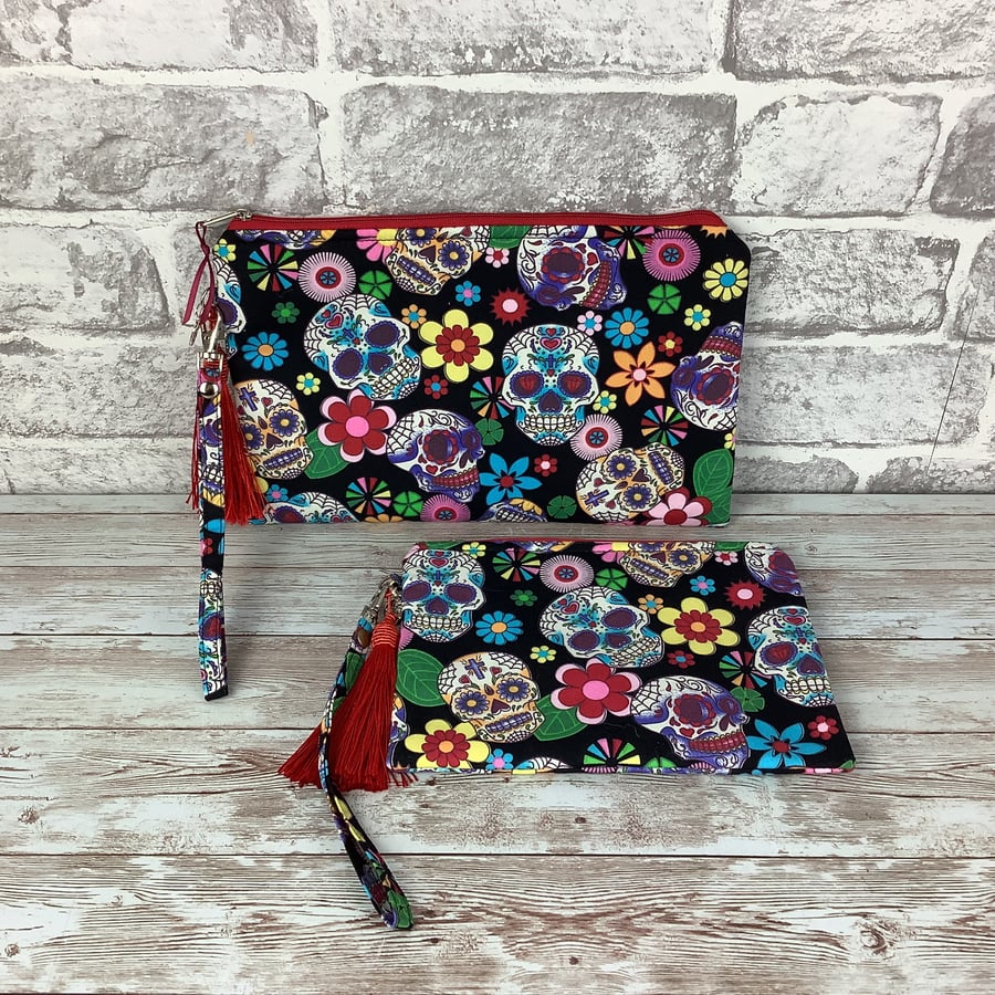 Candy skulls zip clutch bag, Detachable wrist strap, 2 size options, Handmade