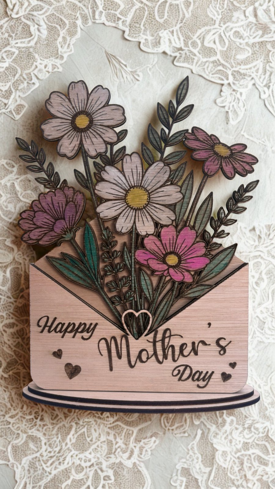 Handpainted Wooden Flower Envelope - 3D Laser-Cut Bouquet Gift for Mum