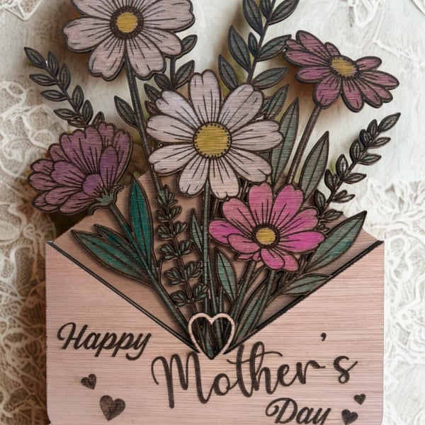 Handpainted Wooden Flower Envelope - 3D Laser-Cut Bouquet Gift for Mum