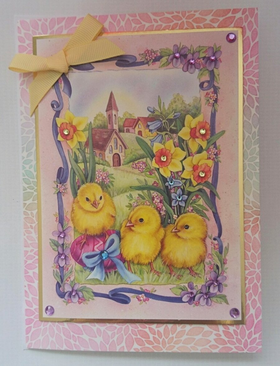 3D Luxury Handmade Easter Card Country Church Daffodils Egg and Chicks