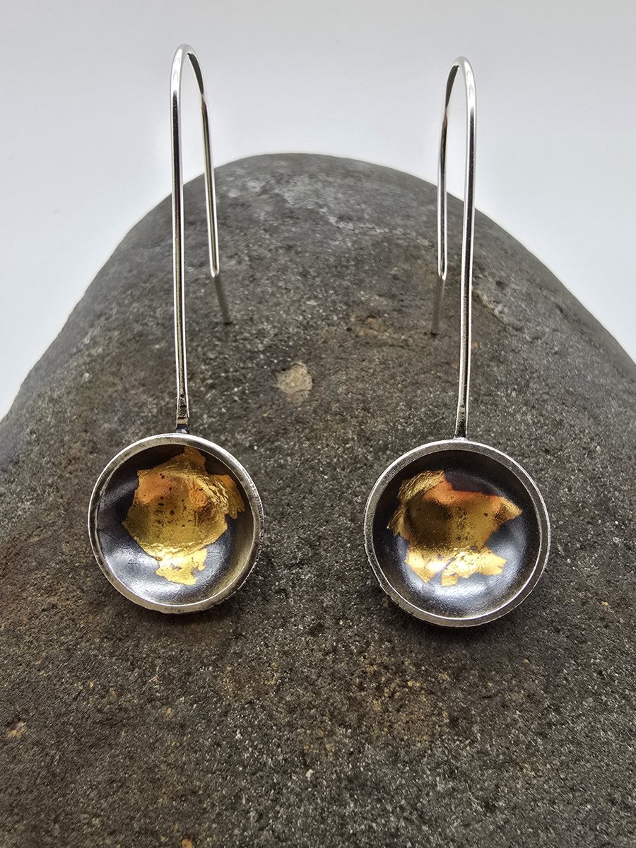 Sterling Silver domed Keum Boo disks Drop Earrings