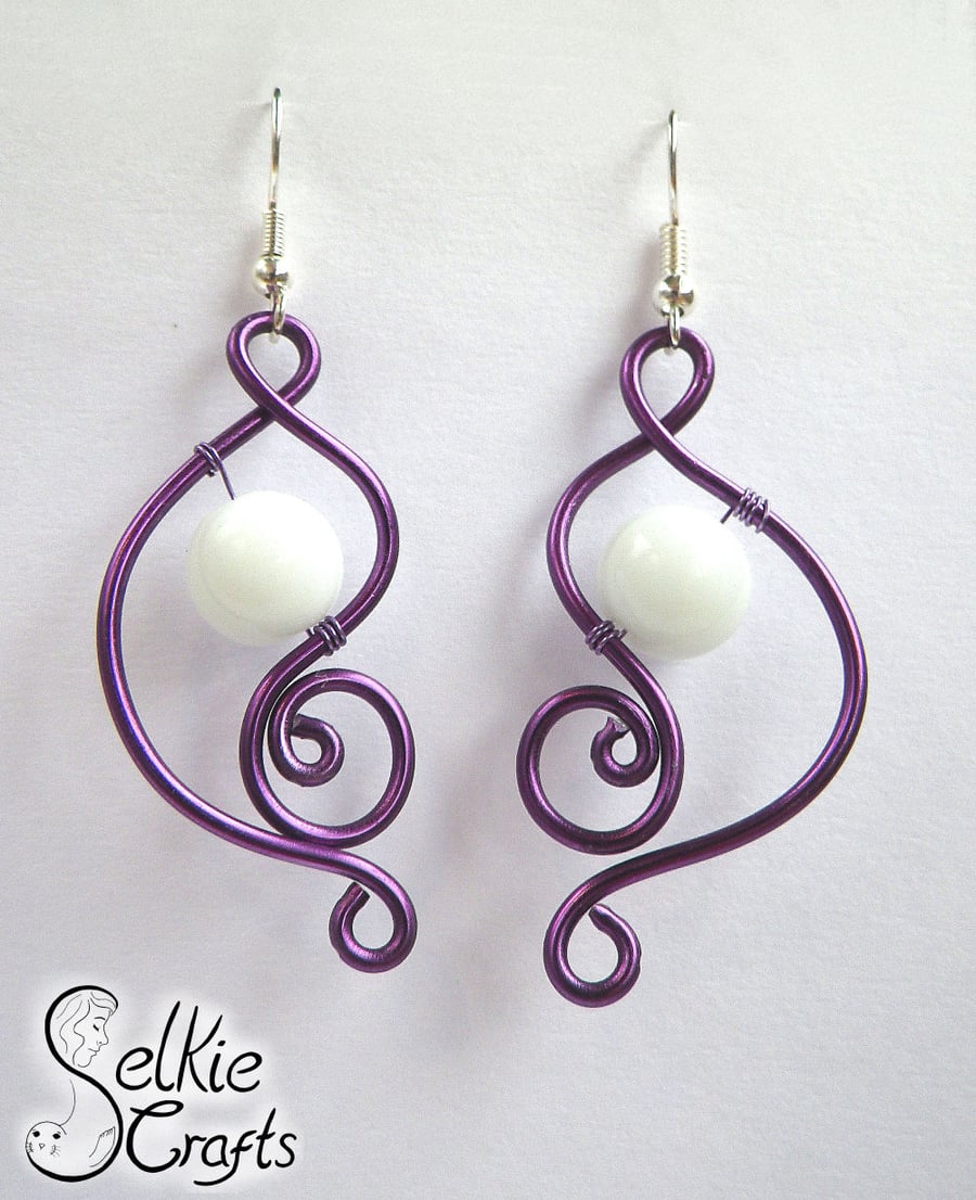 Purple elegant curls and white jade handmade earrings