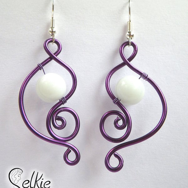 Purple elegant curls and white jade handmade earrings