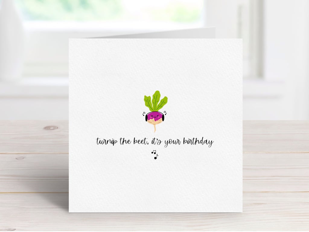 Funny Vegetarian Birthday Card, Turnip Pun Greeting Card, Music Lover Card.