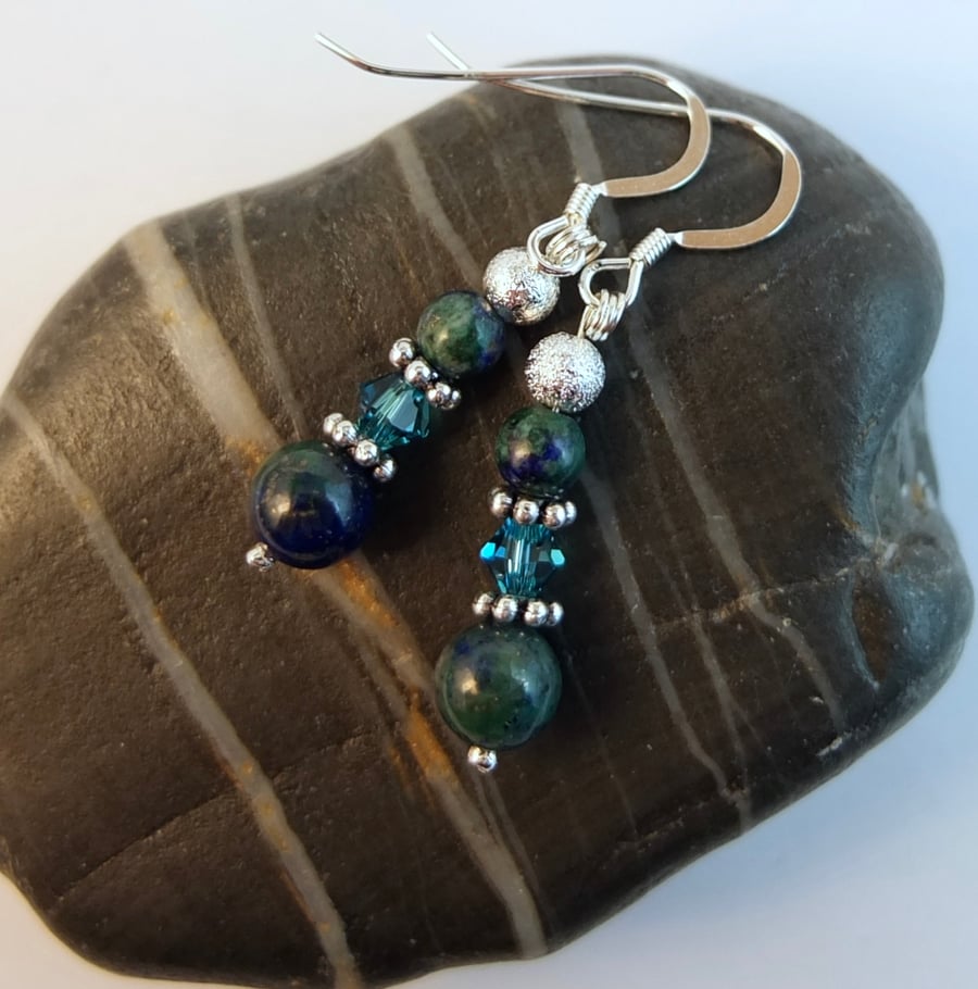 Chrysocolla. Swarovski Crystal And Silver Earrrings - Handmade In Devon.