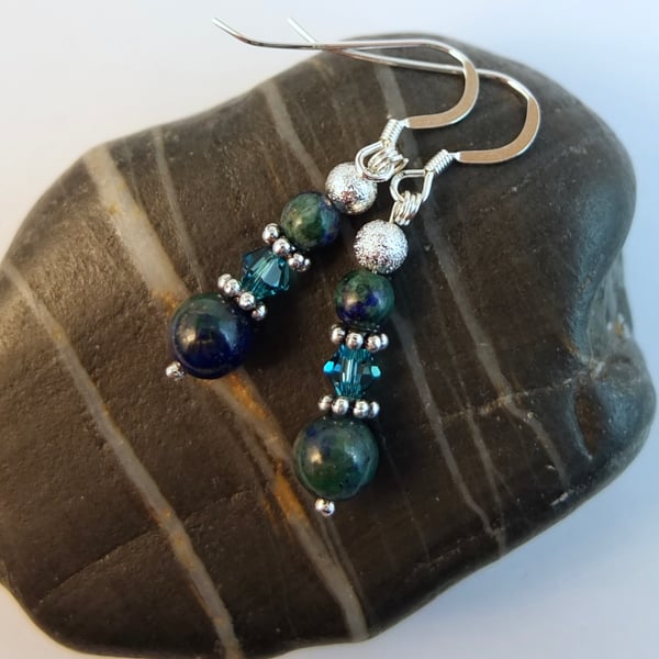 Chrysocolla. Swarovski Crystal And Silver Earrrings - Handmade In Devon.