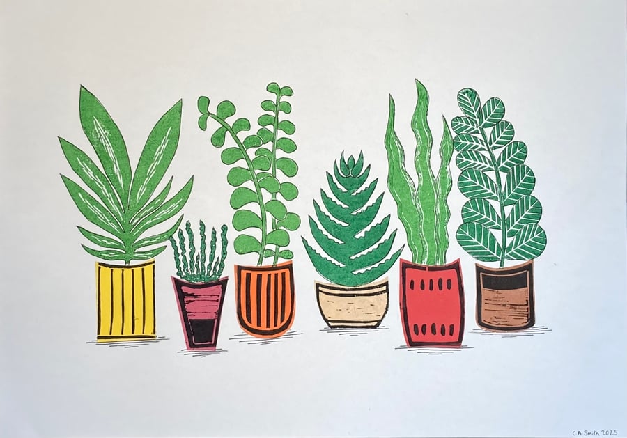 House Plant Display Lino Print