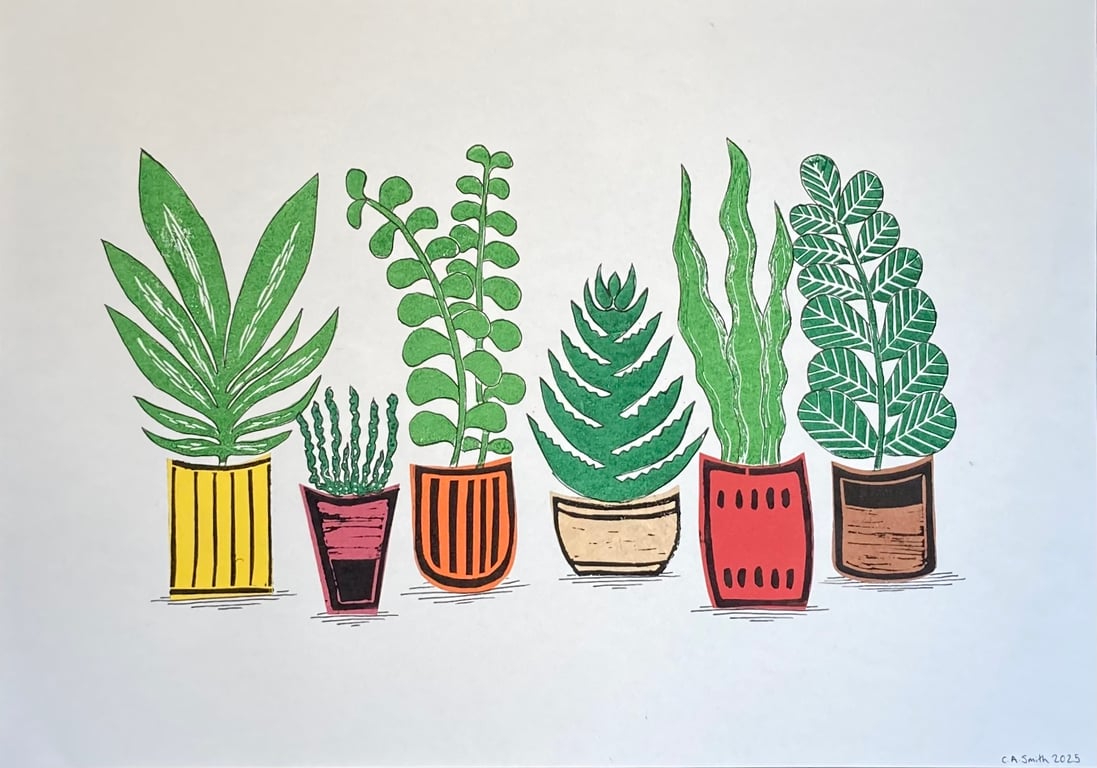 House Plant Display Lino Print