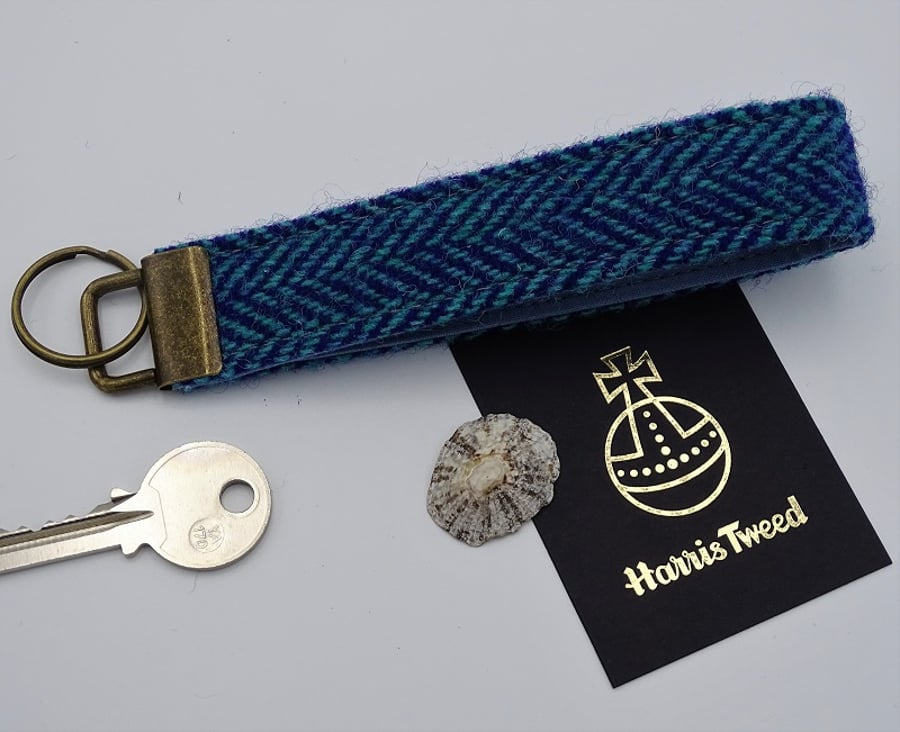 Harris Tweed key fob wrist strap in purple and aqua herringbone