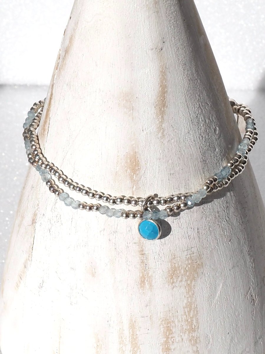 Blue as the Ocean - Sterling Silver & Turquoise beaded  bracelet stack