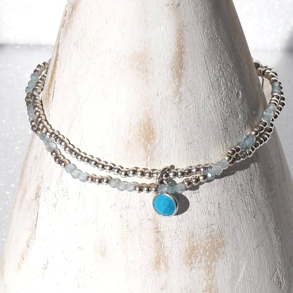 Blue as the Ocean - Sterling Silver & Turquoise beaded  bracelet stack