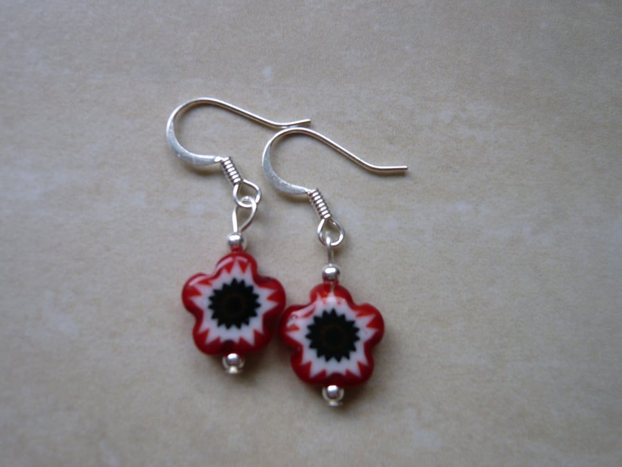 Red and Black  Millefiori Flower Bead Earrings