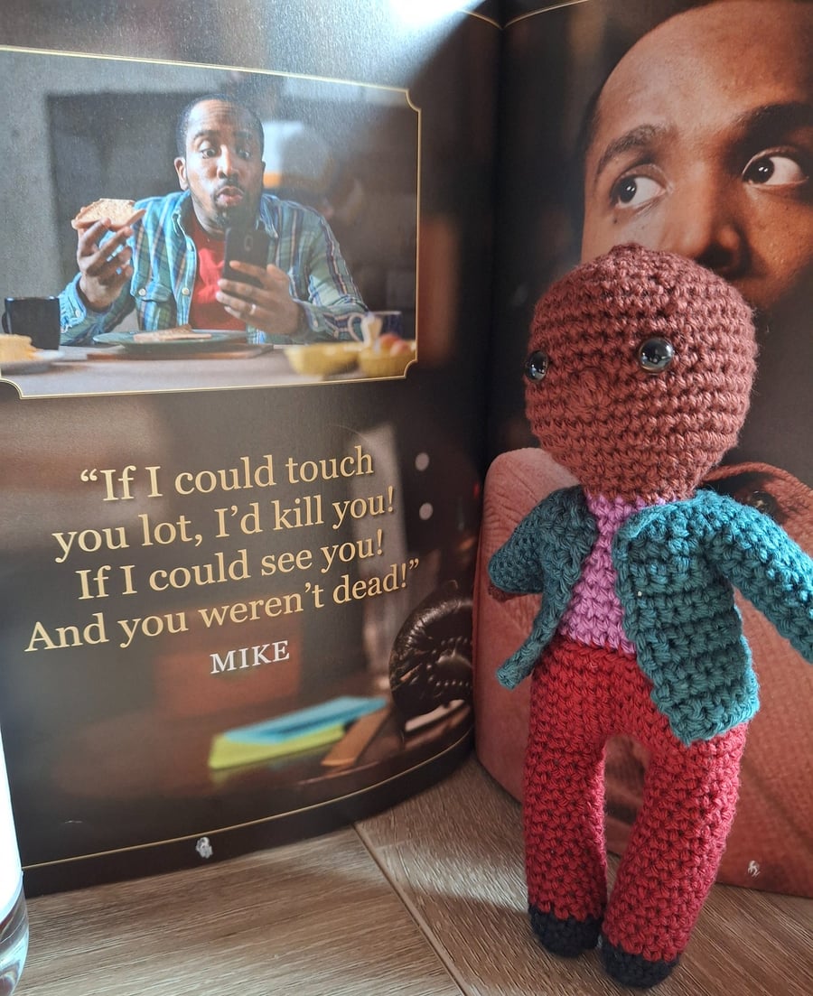 Handmade crochet Mike Cooper.  BBC Ghosts.