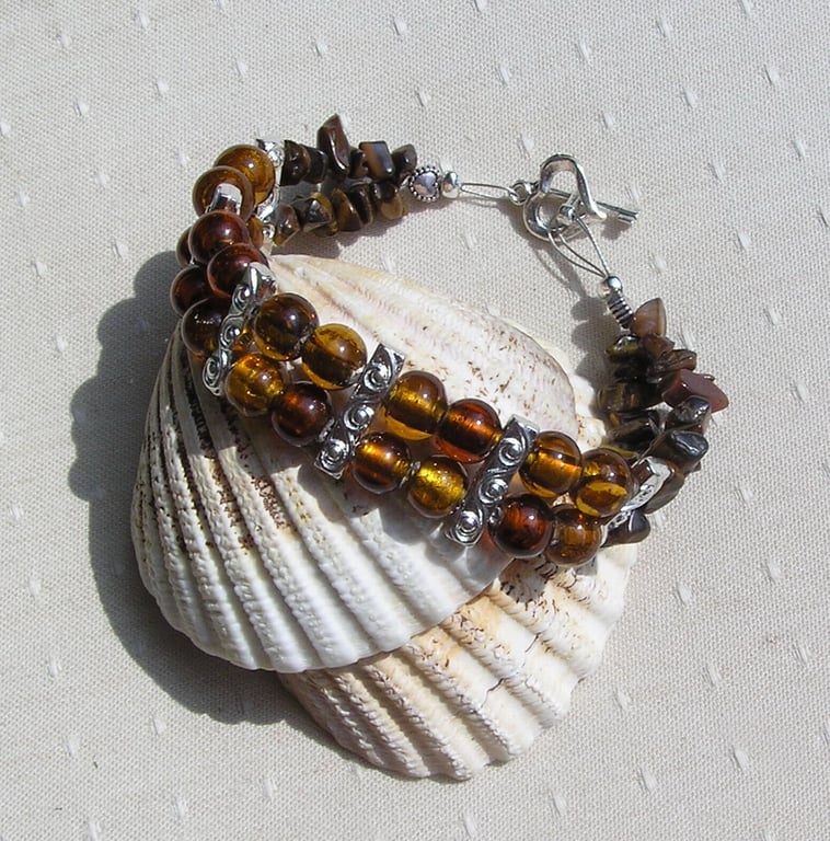 Amber Silver-Foil and Gold Tiger Eye Gemstone Beaded Bracelet