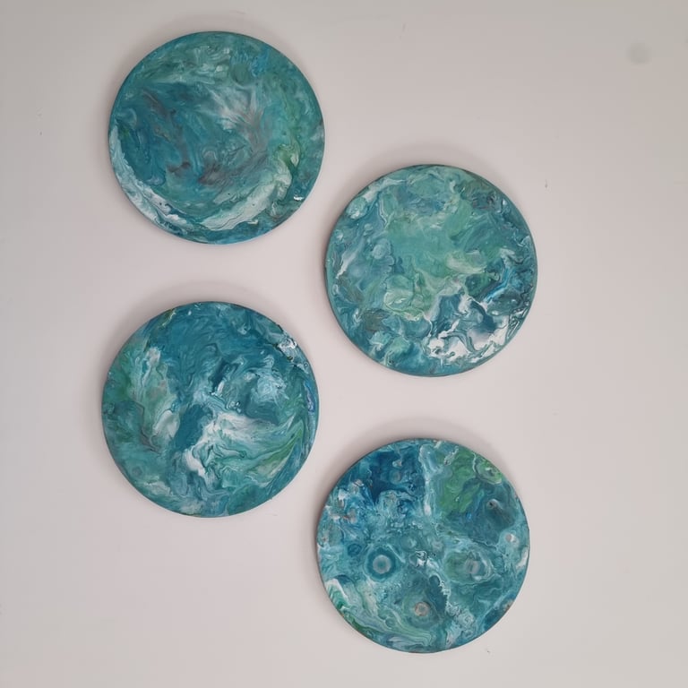 (20) Acrylic Art on Four Circular Coasters with Blue Foam backing
