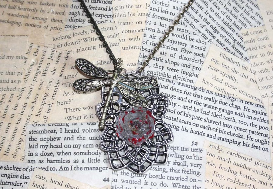 Resin Rose Dragonfly Silver Necklace