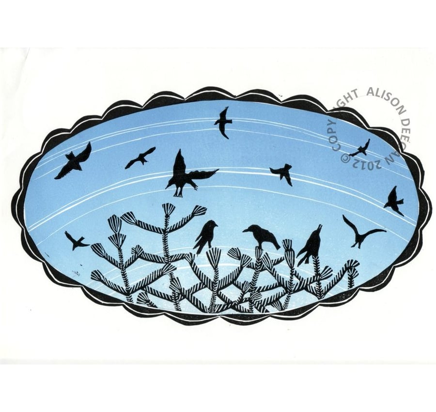 SALE Crows of Damage Barton LINO PRINT BIRDS