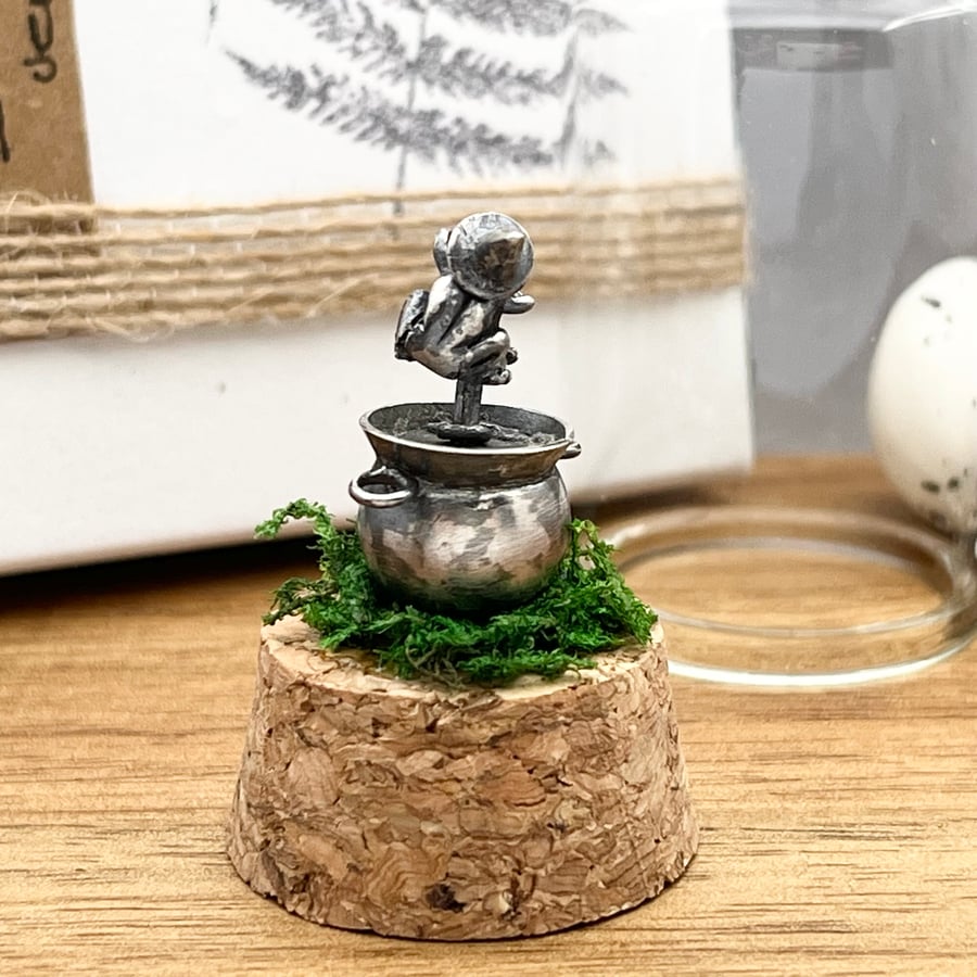 Sterling Silver Miniature Frog Witch Cauldron Bell Jar Cloche