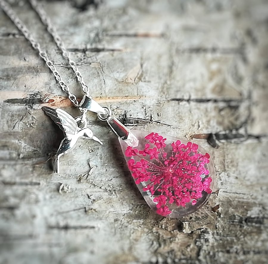 Deep pink real flower necklace, Queen Anne's Lace flower sterling silver pendant