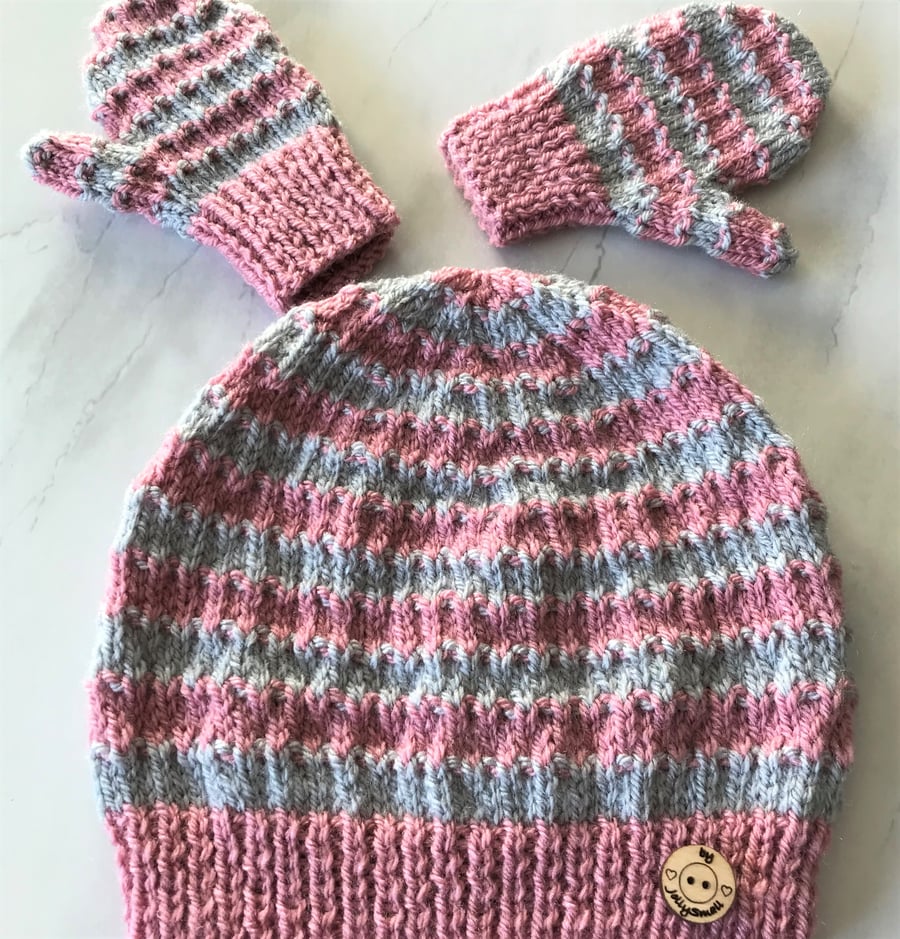 Girl's Beanie hat and mittens set age 1 to 2 in pink and silver grey