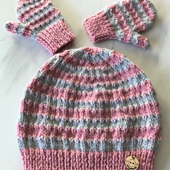 Girl's Beanie hat and mittens set age 1 to 2 in pink and silver grey