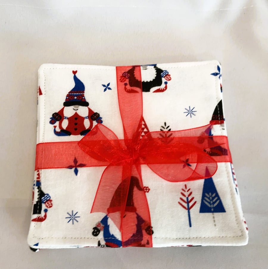 Set of 4 Christmas fabric coasters, drink coasters, mats. Gnome Christmas mats.