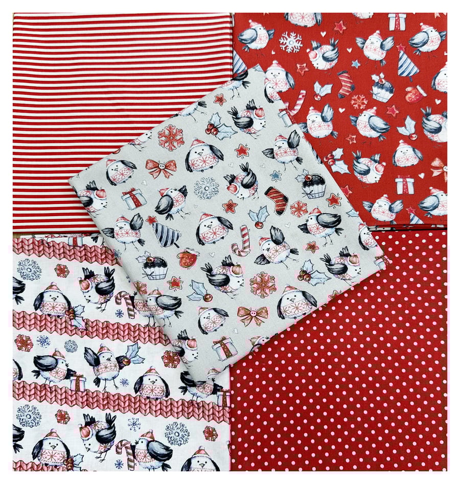 Fat Quarter Bundle - Cute Red Robin Christmas Fabric Mix