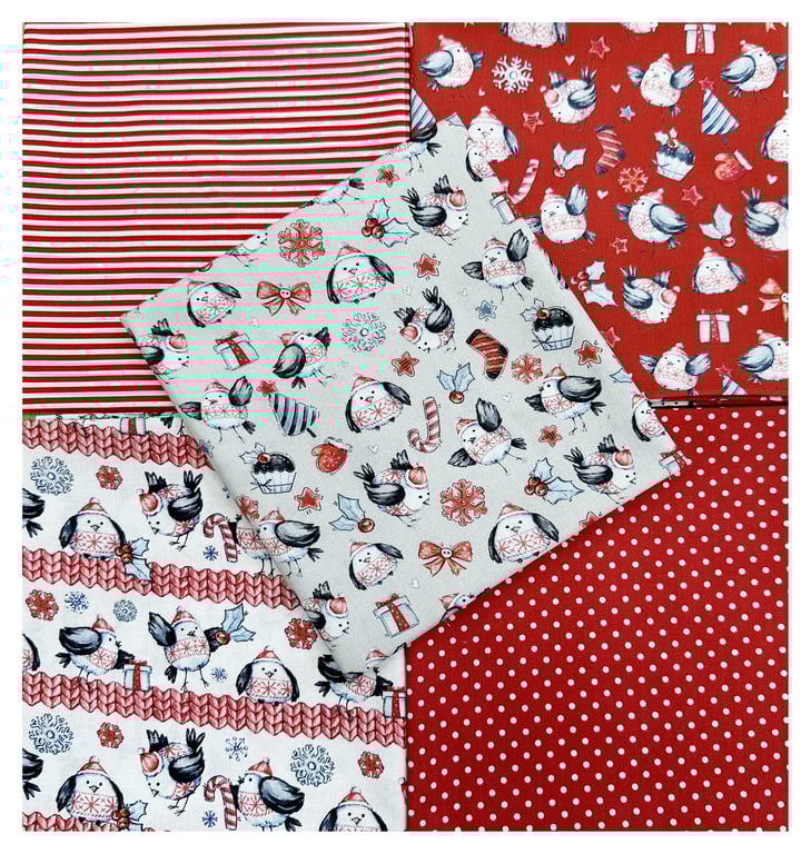 Fat Quarter Bundle - Cute Red Robin Christmas Fabric Mix