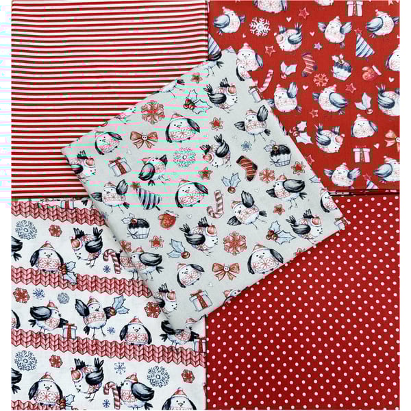 Fat Quarter Bundle - Cute Red Robin Christmas Fabric Mix