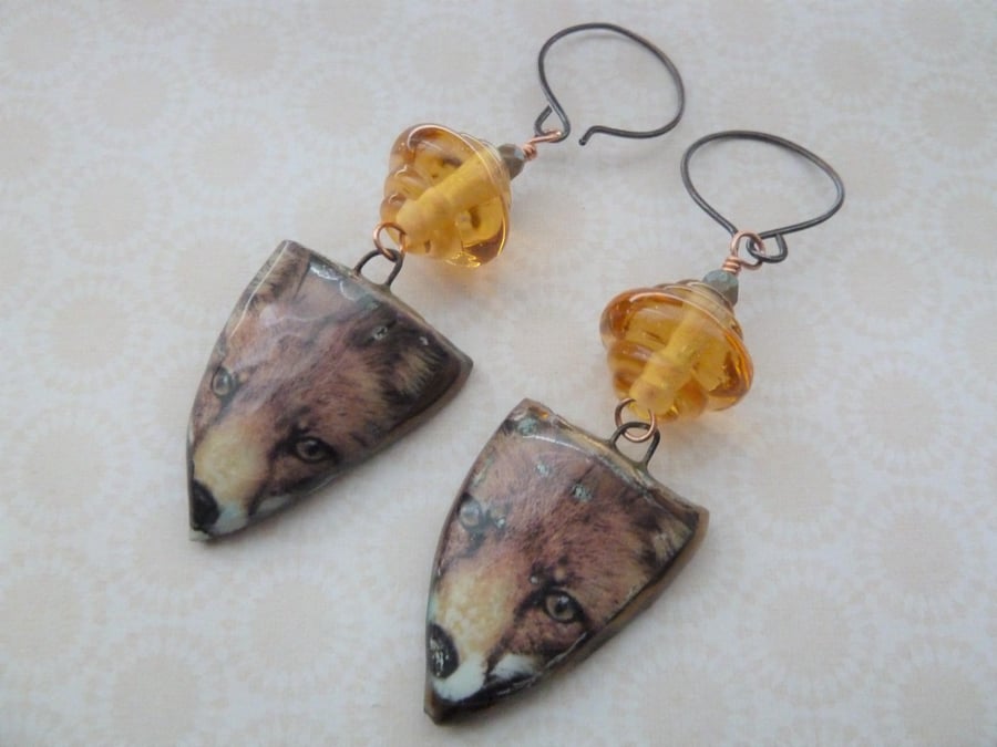 copper fox earrings, lampwork and ceramic jewellery