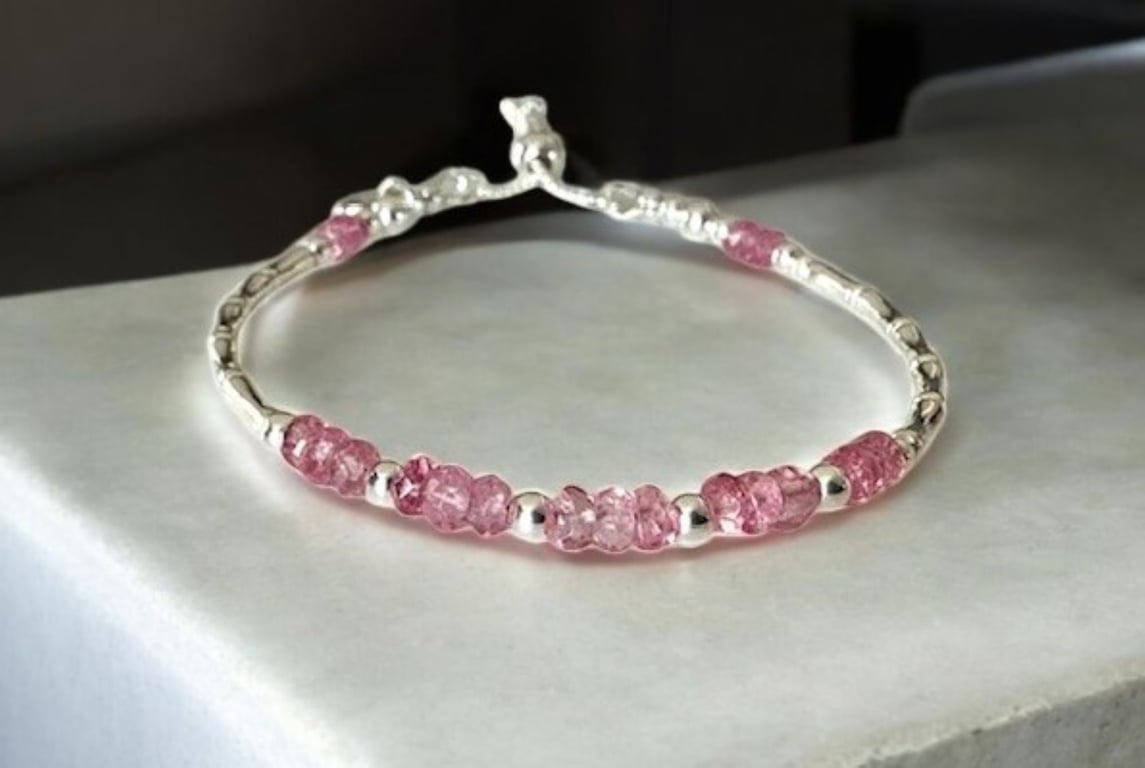 Pink Topaz Heart Charm Bracelet with Adjustable Slider Clasp