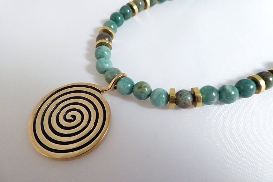 Large Spiral Pendant Necklace with Blood Jasper and Brass
