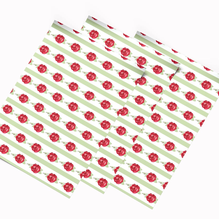 Hand Drawn Pink Rose & Green Striped Wallpaper, 1 12th Scale Dolls House A4 