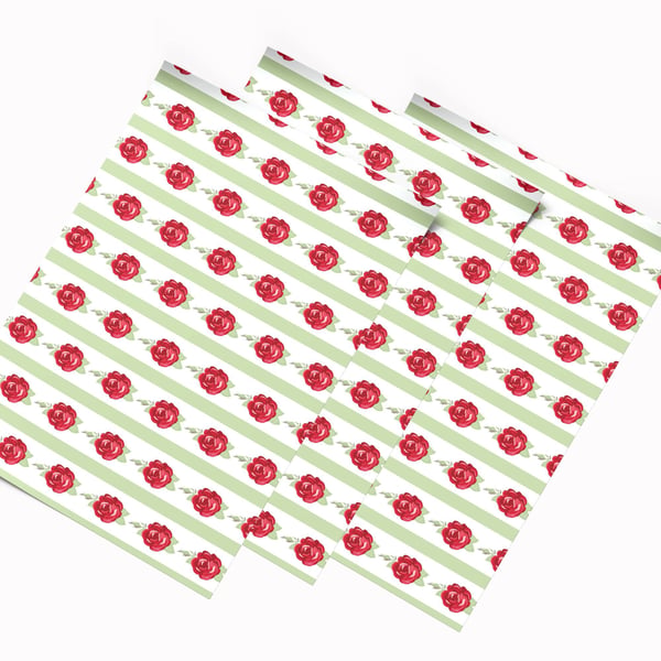 Hand Drawn Pink Rose & Green Striped Wallpaper, 1 12th Scale Dolls House A4 