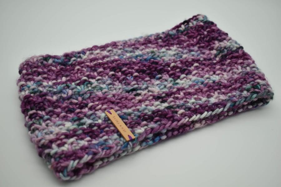 Hand knitted chunky cowl Purple Pink and Teal
