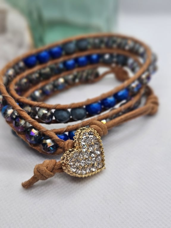 Blue-grey leather triple wrap boho style with diamante heart clasp