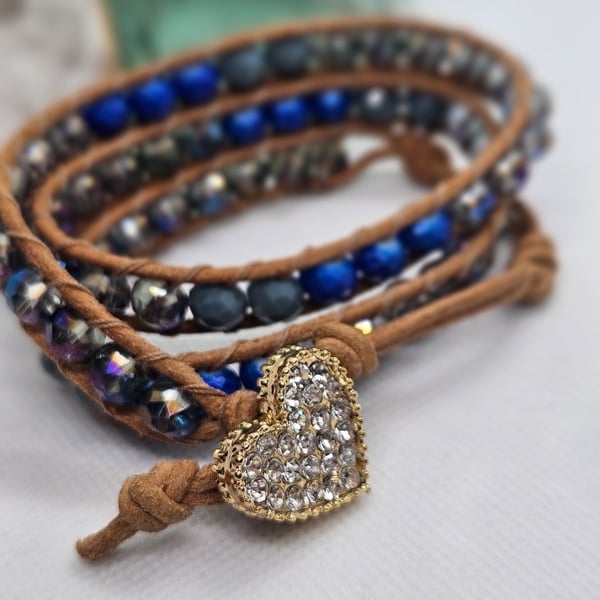 Blue-grey leather triple wrap boho style with diamante heart clasp