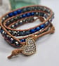 Blue-grey leather triple wrap boho style with diamante heart clasp