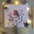 Linoprinted robin greetings card