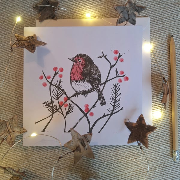 Linoprinted robin greetings card