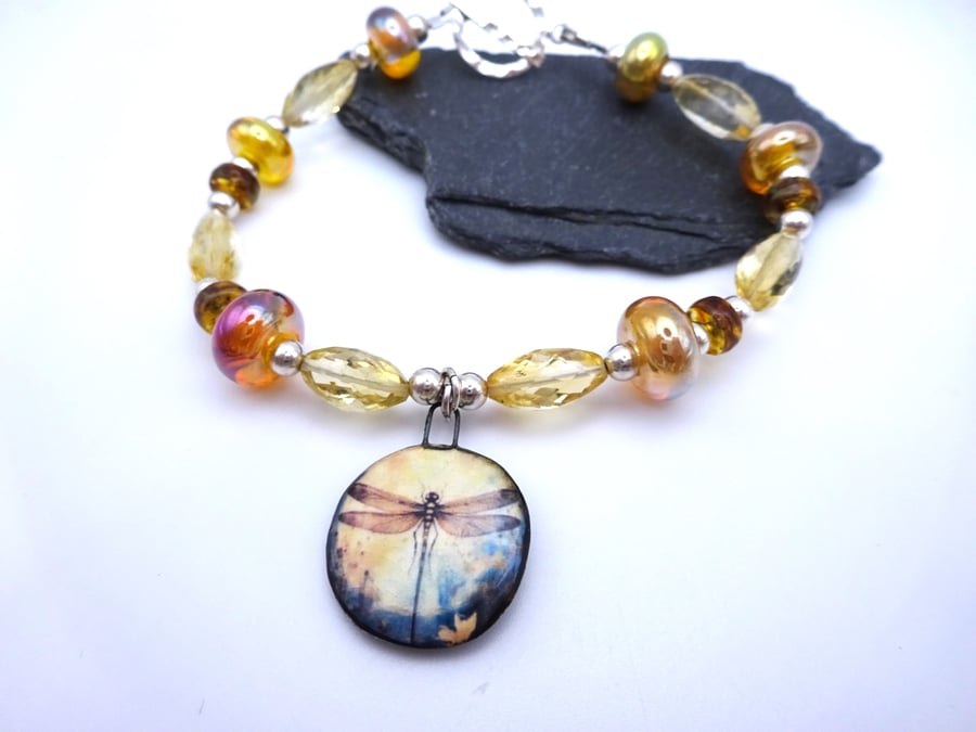 citrine and lampwork glass dragonfly bracelet