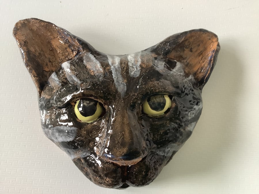Handmade ceramic cat head wall sculpture raku clay 