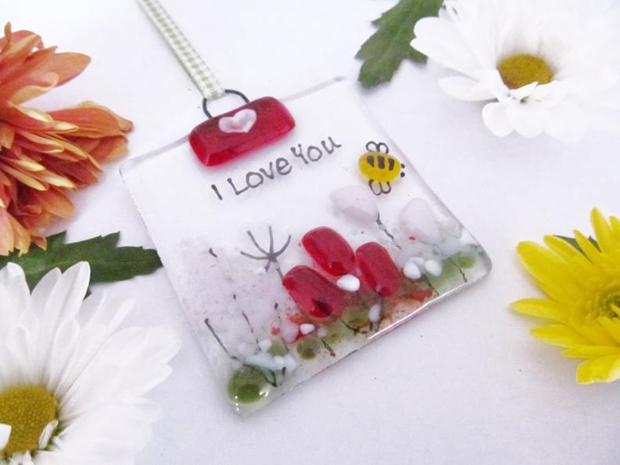 Personalised MINI Country Meadow Fused Glass Suncatcher - Red & Pink