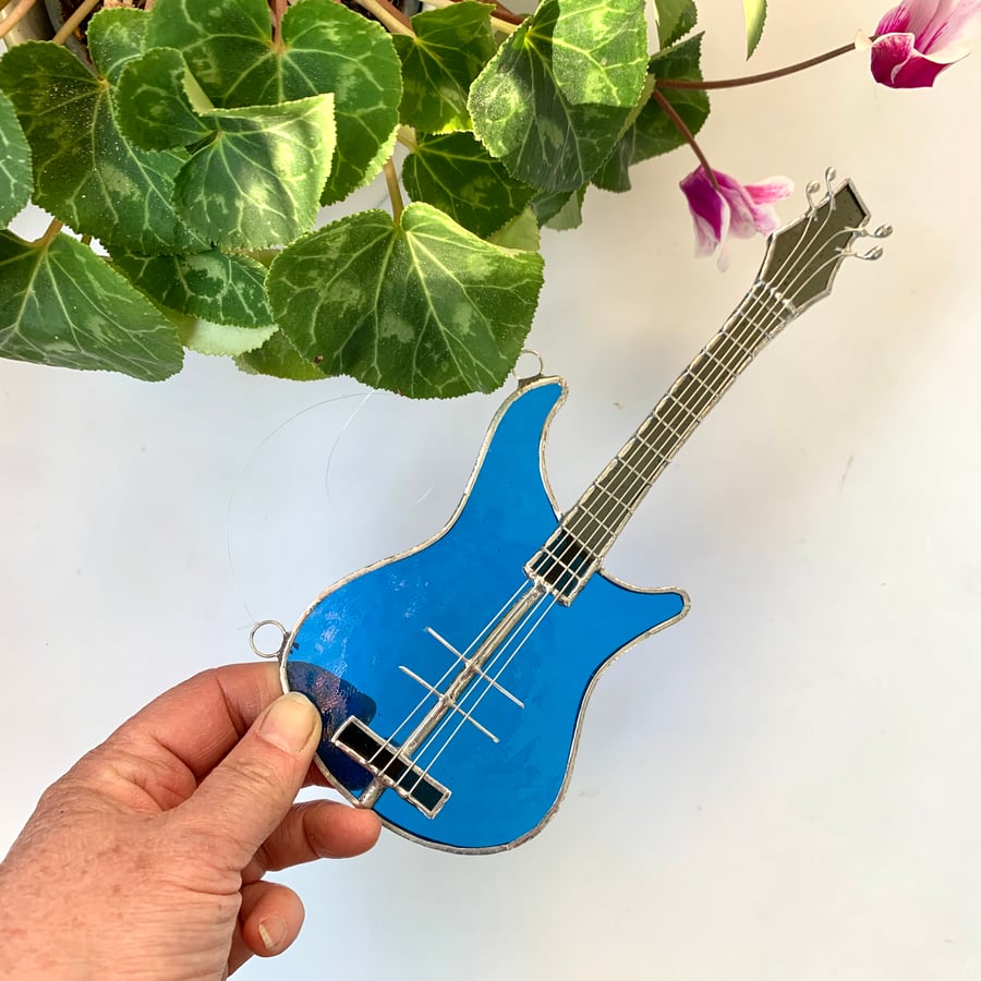 Stained Glass Bass Guitar Suncatcher - Handmade Hanging Decoration - Blue